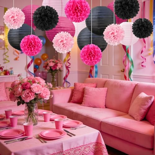 Image of 18 PCS Black Pink Paper Lanterns & Tissue Paper Pom Poms for Girls Birthday, Baby Shower, Wedding, Bridal Shower, Hanging Paper Decor for Indoor Outdoor Events Party Supplies