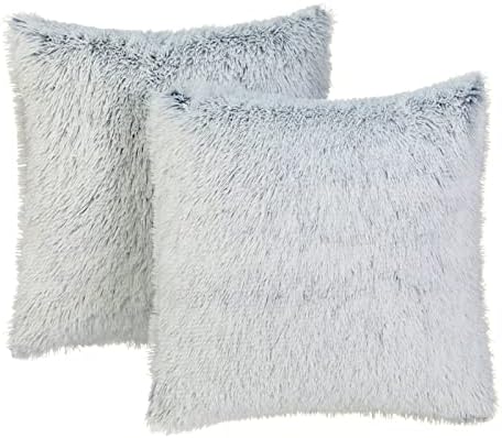 Cushion Covers 12x20 Inches, Double-sided Fluffy Plush Set of 2 Pillow Covers, Super Soft Faux Fur Throw Pillow Case, Cushion Covers 30x50cm for Sofa Livingroom Bedroom, White Grey