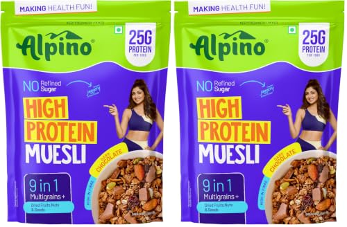 Image of ALPINO Protein-Rich Super Muesli Chocolate 400g - 61% Whole Grains, 14% Nuts & Cookies - 17% Protein, Source of Dietary Fibre & Healthy Fats (Pack of 2)