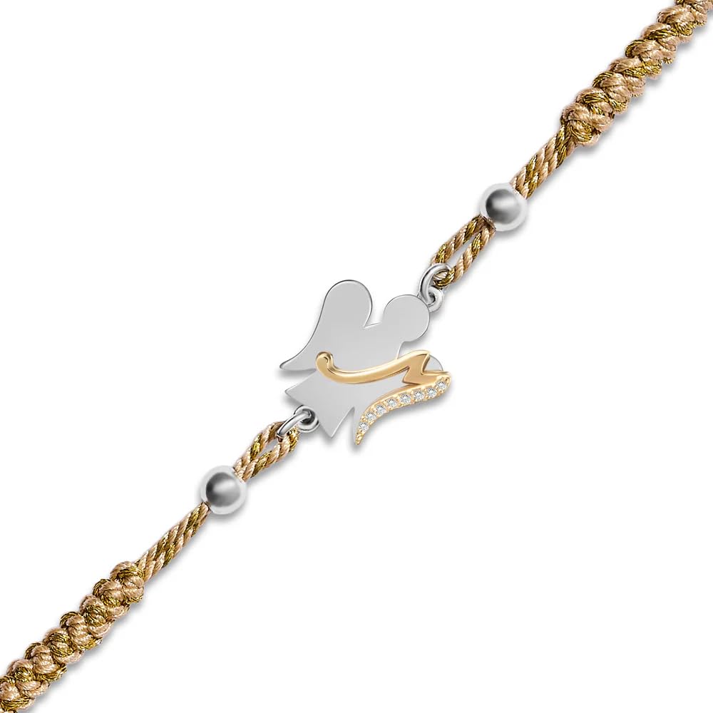 Bracciale con cordino regolabile beige e oro | Angelo e lettera in argento | L'alfabeto degli Angeli | Roberto Giannotti (M)
