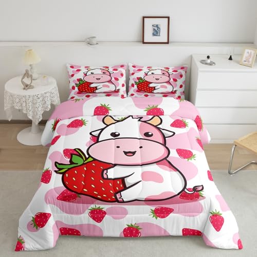 Feelyou Cow Print Milk Strawberry Comforter Set Toddler Size Kids Girls