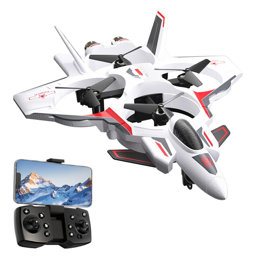 Fighter Jet, RC Plane 2.4GHz 4CH Remote Control Airplane With Camera, Foam Aircraft Glider With 3D Flip, Altitude Hold, Headless Mode, Easy to Fly for Adults Kids Beginners (Red)