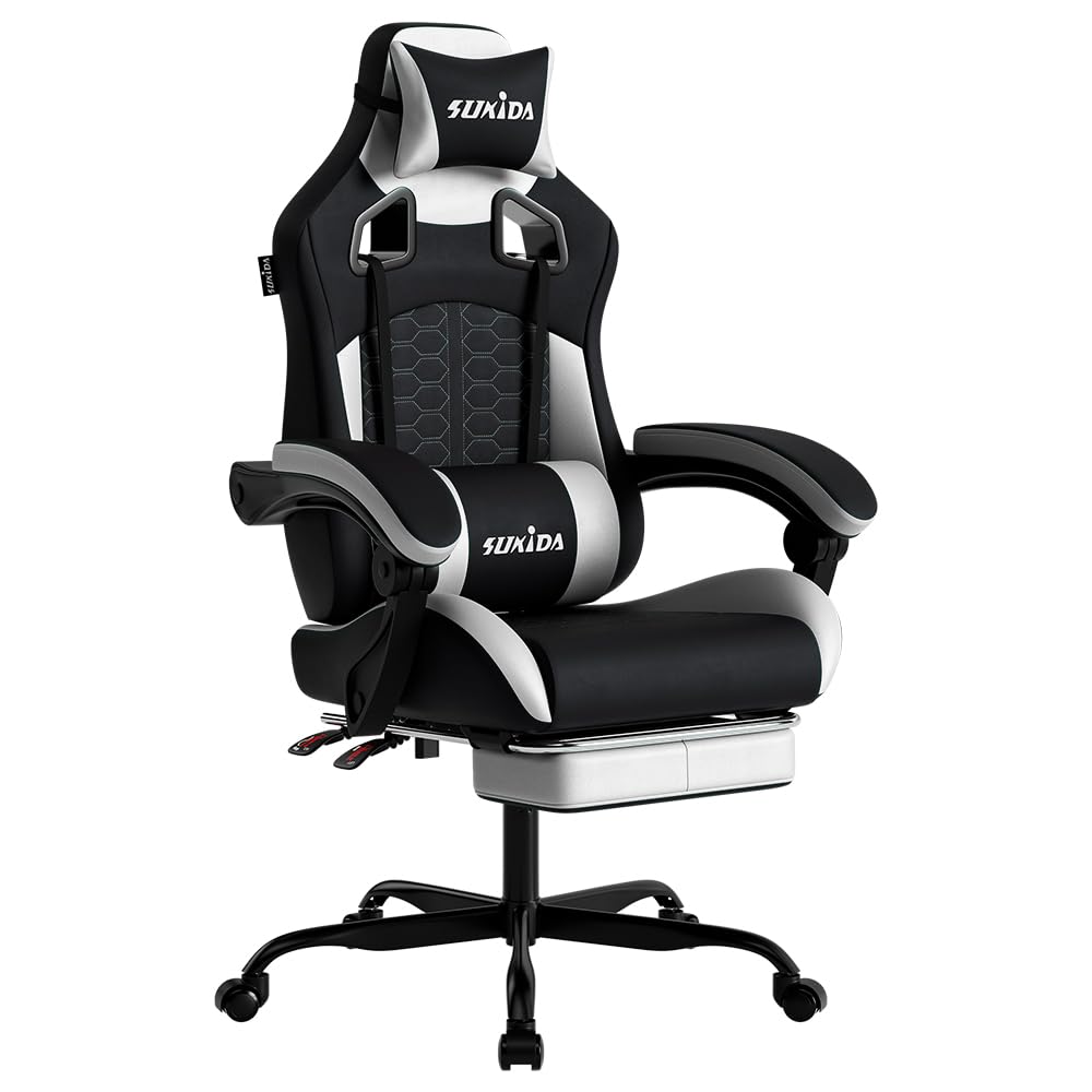 SUKIDA Silla ergonómica para Videojuegos, de Oficina, de Piel sintética, con reposacabezas, ergonómica, con Soporte Lumbar, hasta 150 kg