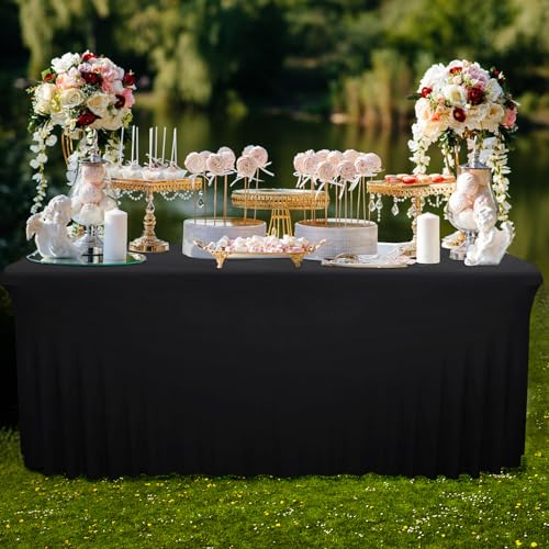 Babenest 6FT Black Spandex Table Skirt for Rectangle Tables, 2 Pack Wrinkle Resistant RufflesTable Cover for Trade Show, Parties, Birthday, Wedding, Banquets