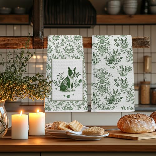 Image of Chinoiserie Boston Terrier Kitchen Towels Set of 2, Green and White Floral Dog Dish & Tea Towels 16x24 Inch, Vintage Toile Farmhouse Kitchen Bathroom Decor, Dog Lover Gifts