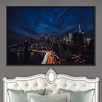 Framed Canvas Wall Art City Illuminations Aerial Cityscape Contemporary Multicolor Photography Places Realism - 16x24 inches