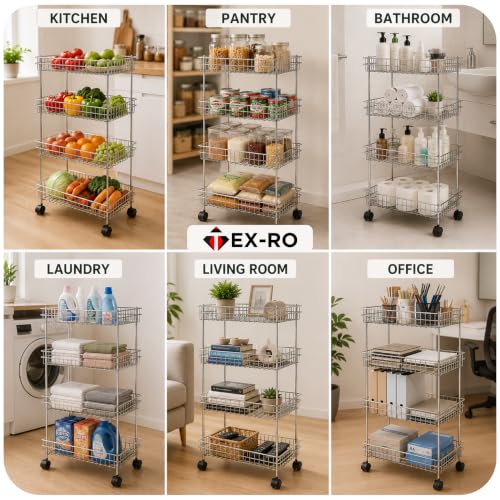 Image of TEX-RO Stainless Steel Vegetable Stand for Kitchen with Wheels | 4 Tier Kitchen Trolley Organizer | Onion Potato Storage Rack | Multipurpose Steel Storage Rack & Vegetable Basket for Modular Kitchen
