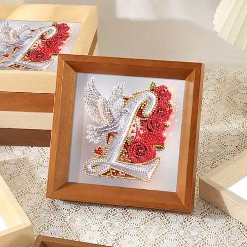 Image of AiYuanzsh 5D Diamond Art Kits for Adults Letter L, Lovely Floral Rose & Dove DIY Diamond Painting Kit for Beginners, Special Shape Alphabet Diamond Art Craft for Home Wall Display 17x17cm