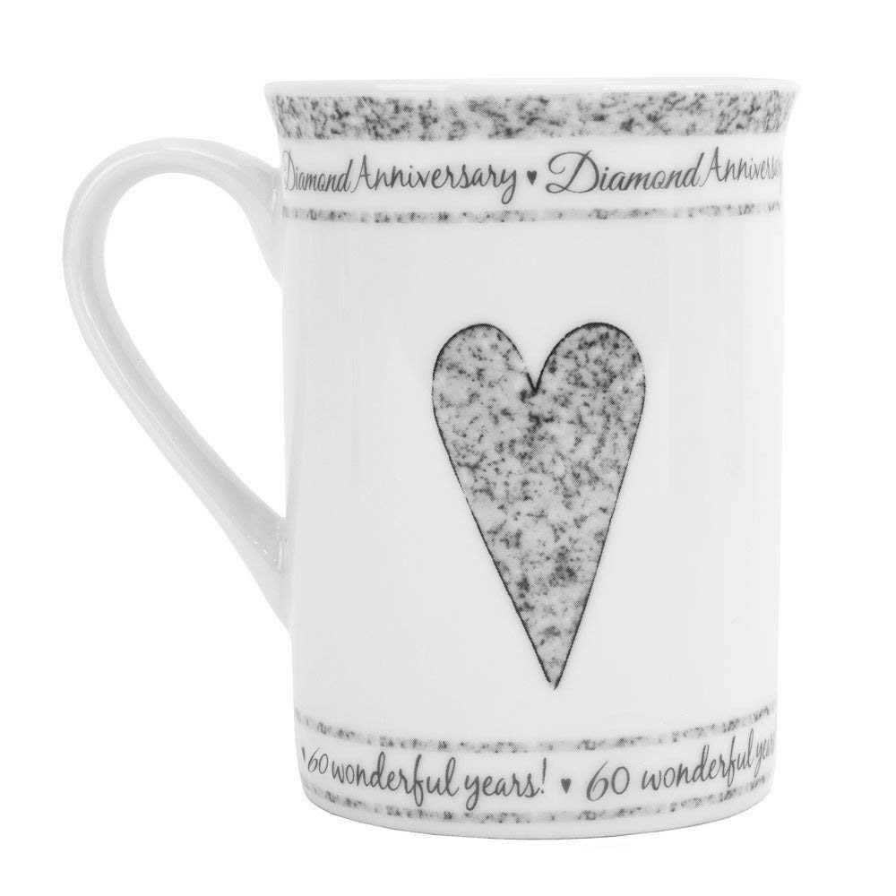 Beautifully Designed 60th Diamond Wedding Anniversary Set of Ceramic Mugs with Hearts | Dishwasher and Microwave Safe with Decorative Keepsake Box by Happy Homewares