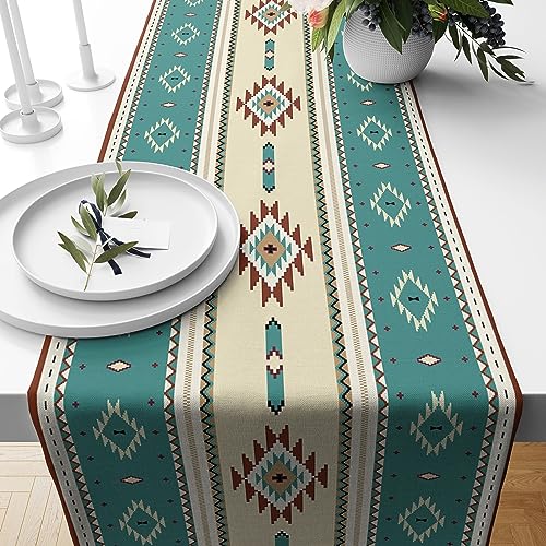 Image of Aztec Table Runner,Ethnic Southwestern Mexican Native Indian Green Pattern Retro Table Decor Kitchen Dining Room Party Decor 13x72 inch