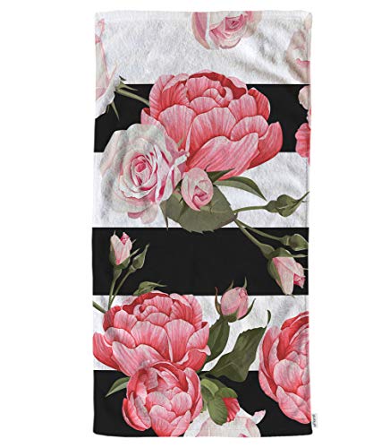 oFloral Peony and Rose Floral Hand Towels Cotton Washcloths,Pink Flower Green Leaves with Black White Stripes Comfortable Soft Towels for Bathroom Spa Gym Yoga Beach Kitchen,Hand Towel 15X30 Inch