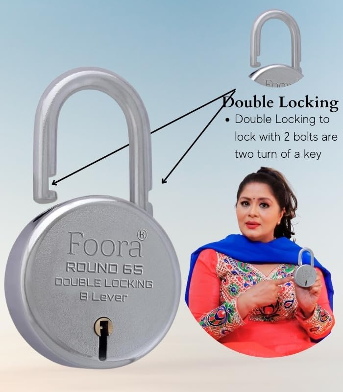 Foora Lock and Keys, Door Lock for Home, Round 65mm Padlock Pack of 2 with 5 Keys Each, 8 Lever Heavy Duty Double Locking System for Gate, Shutter, Main Door, Silver Finish. 1