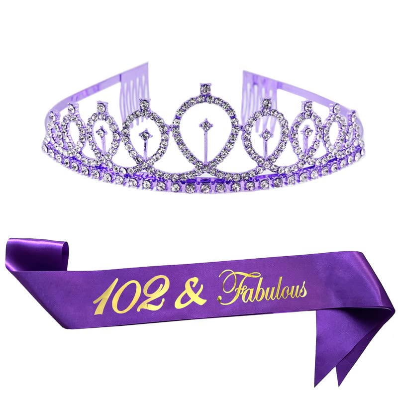 Birthday Crowns for Women 102 & Fabulous Sash and Tiara Birthday Crown for Women Girls Birthday Party Favors Decorations Purple
