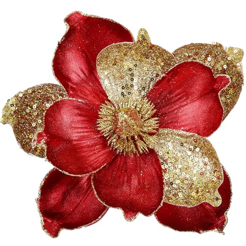 GL-Turelifes Lot de 6 grandes fleurs de magnolia artificielles à paillettes de 25,4 cm - Ornements floraux pliés pour décoration de sapin de Noël, Nouvel An, fête de mariage, centre de table (rouge