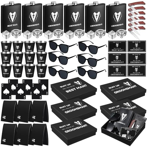 Mimorou 66 Pcs Groomsmen Proposal Gifts - Shot Glasses, Stainless Steel Ice, Flask, Funnel, Gift Boxes, Sunglasses, Knives, Bottle Opener, Cards, Wallets for Wedding Groomsmen Present Set