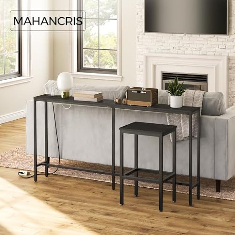 MAHANCRIS Console Table with Power Outlet, 63 Narrow Sofa Table, Industrial Entryway Table with USB Ports, Behind Couch for Entryway, Hallway, Foyer, Living Room, Black CTHB16E01
