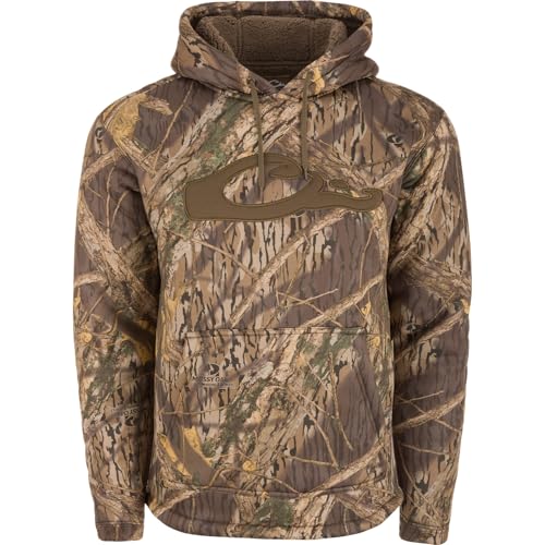 Drake Waterfowl Men's LST Silencer Hunting Warm Anti-Pilling Hoodie with Soft Feel Combed Fleece Interior & Kangaroo Pouch, Mossy Oak Shadow Branch, Small
