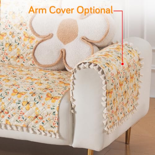 Image of HOKIPO Sunlit Butterfly Quilted Sofa Cover with Tassels 2 Seater for Seat & Back, (152x120 cm), 'Tassel Twigs' Series (IN-990-T3)