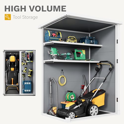 Image of DWVO 60 Cuft Outdoor Tall Storage Shed with 2 Shelves, 5X3FT Vertical Tool Shed with Floor & Lockable Doors, Sturdy Double-Wall Plastic Cabinet for Garbage Cans and Garden Equipment (Gray)