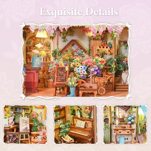 Image of Tonecheer DIY Miniature House Kit, Book Nook Dollhouse Story Frame Kit Wooden 3D Puzzle, Wall Mountable Decor Diorama Model with Dust Cover and LED for Ideal Gift - Blossom Time