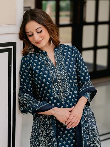 Image of Arayna Women's Pure Cotton Printed Kurta Pant Dupatta Set with Hand-Finished Embroidered Neckline | Straight Ethnic Suit Set for Women