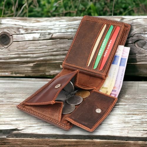 MORUCHA Dark Brown Mens Wallet | Genuine Distressed Leather RFID Blocking | High Capacity Stylish Wallet Purse With Zipped Pocket | Designed For Up To 6 Cards, Coins And Cash | Gift Boxed | M-202
