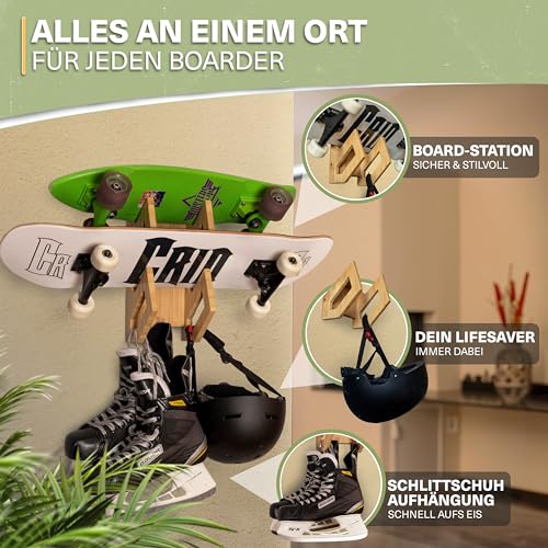 Foto von CRID Doppel Skateboard Wandhalterung aus Bambus - Universal Halterung für 2 Skateboards, Longboard, Snowboard, Wakeboard, Balance-Board - Inkl. gratis Montagekit - Modernes Design - Deutsche Marke