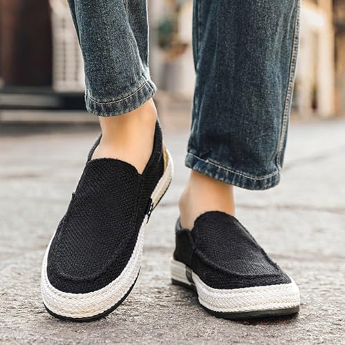MILDSEVEN Casual Men's Fashion Canvas Shoes, Simplicity Traditional Chinese Linen Shoes, Handmade Comfortable Retro Loafers,9.5,Black3