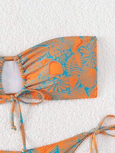 SHENHE Women's Strapless 2 Piece Tropical Swimsuit Drawstring Tie Side Bandeau Bikini3
