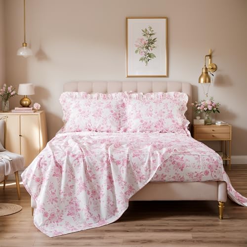 Brandream Ruffle Twin Sheet Set – Grandmillennial Floral Bed Sheets, Vintage Botanical Toile Floral Print in Pink, Peony & Rose Design, Soft Breathable 100% Cotton Bedding, 3-Piece by Brandream - Used condition - Image 2