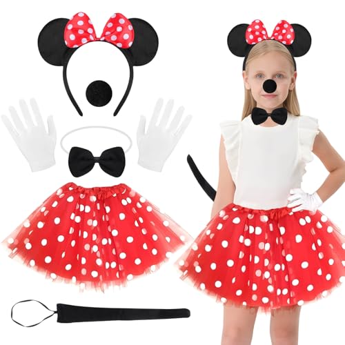 Fantasia de rato para menina, disfarces de muse bebé, tutu vermelho com bolinhas brancas, diadema com orelhas de rato, nariz de rato, luvas brancas, gravatas, cauda para cosplay, carnavais, Halloween