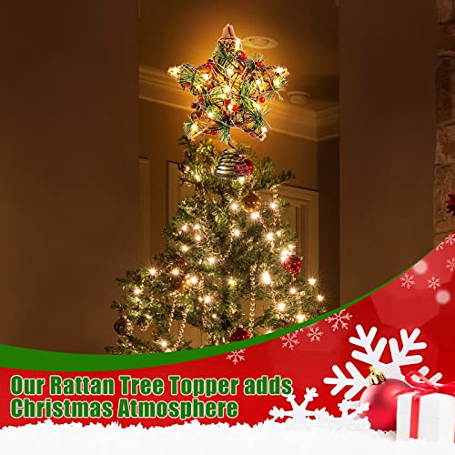 Maiago Vintage Rattan Christmas Star Tree Topper, 10-Inch Rustic Brown Rattan Natural With 20 Led Warm White Lights, Battery Operated With Timer Function For Xmas/Holiday/Winter Party Home Decoration #TOP5