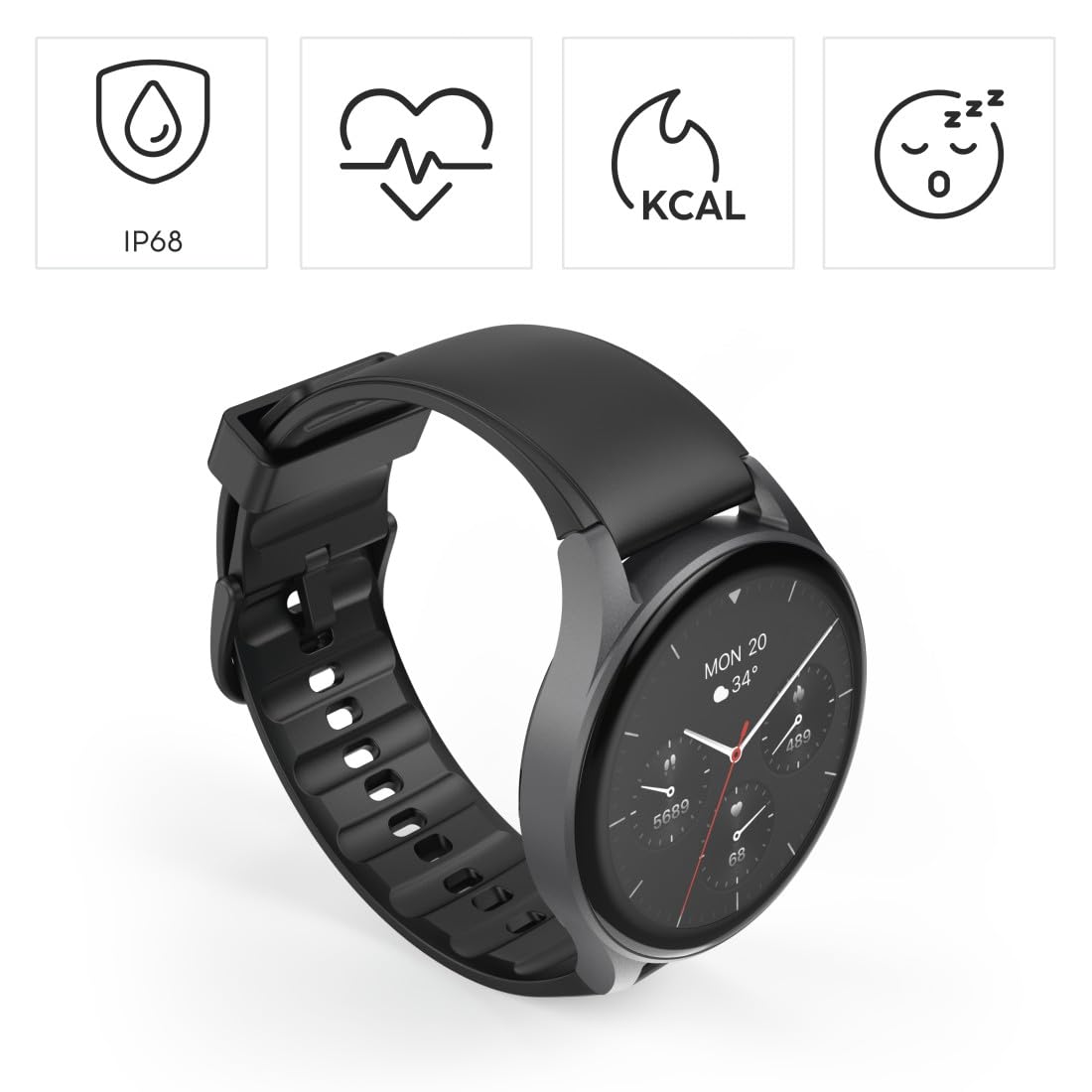 Hama Montre connectée GPS Intégré 8900" (Montre Sport, écran AMOLED 1,43", Fonction Prise d’appels, contrôle Vocal Alexa, altimètre barométrique, IP68), Noire