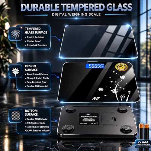 Image of ANT Flora Bud Digital Body Weight Weighing Scale, 180kg Capacity, 50g Accuracy, 5mm Tempered Glass, High Precision Strain Sensor, LCD Display, Auto On /Off, 2 AAA Batteries Included, 40M Warranty