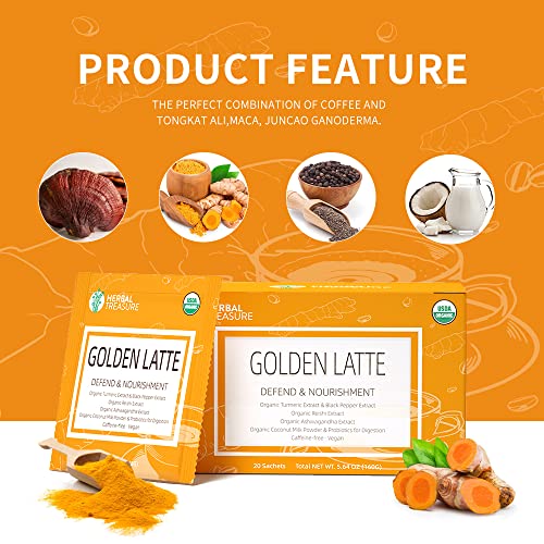 Turmeric Coffee- Instant Coffee 7-In-1 Mushroom Coffee, Golden Latte Coffee , Organic Turmeric Coffee, Includes Turmeric, Reishi, Ashwagandha, Coconut Milk, Black Pepper And Probiotics. Immune Support & Stress Relief, 8 G, Pack Of 20. #TOP5