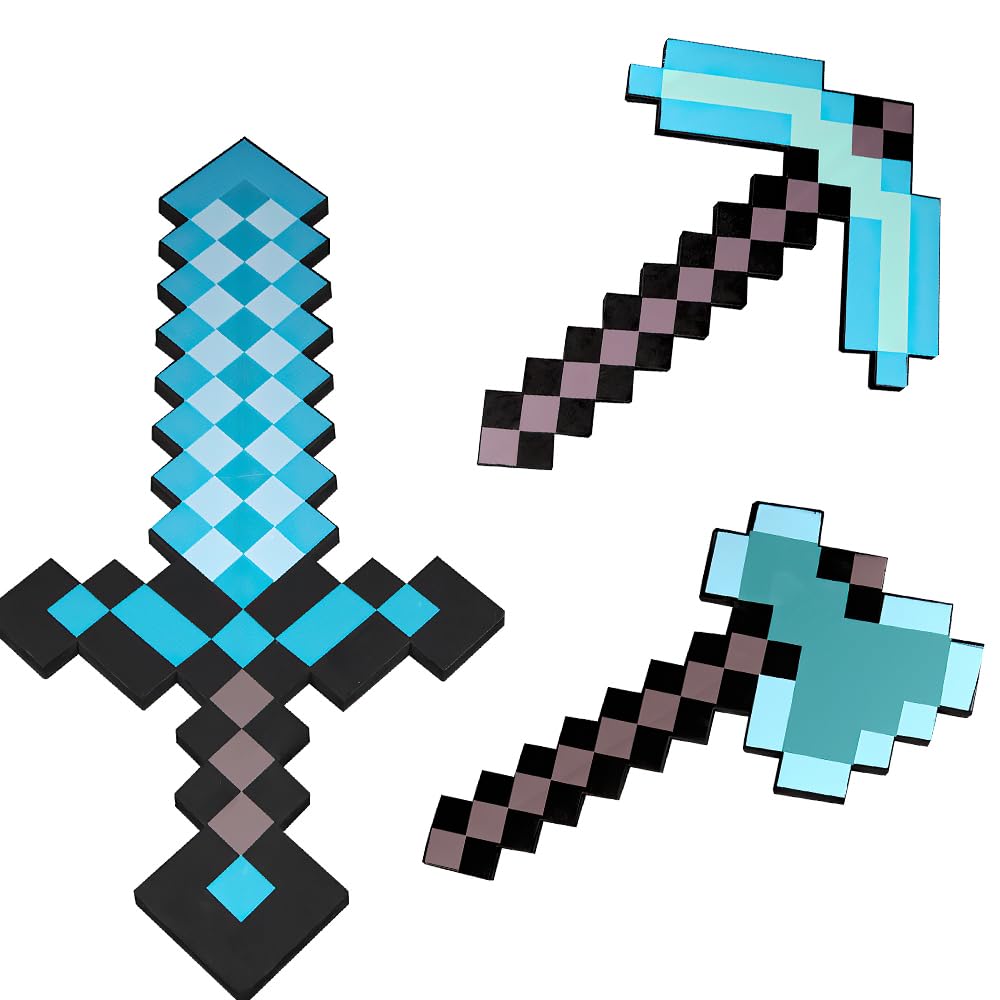 Dhqkqg Pickaxe and Sword Axe Toys, 3 Pack Foam Sword Pickaxe and Axe, Kids Role-Play Battle Accessory, Foam Weapon Toy Gifts for Video Game Fans Kids Children's Day Halloween Christmas Blue