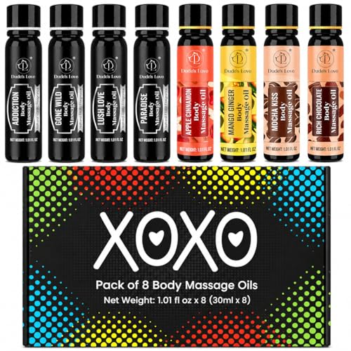 XOXO - 8 Piece Flavoured Body Massage Oils Set - Natural Pleasant Aroma for Men & Women - Quality Assurance, Nourishing & Moisturizing - 240ML/8.11 FL Oz - By Dude’s Love