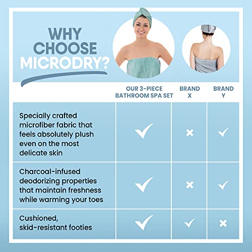 Microdry 3-Piece Bathroom Spa Set, Includes Quick Drying Plush Microfiber Hair Towel Wrap, Body Wrap, And Cushioned Softlux Memory Foam Footies House Slippers, Aqua #TOP6