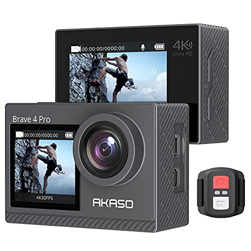 AKASO Cámara deportiva 4k 20MP WiFi 40M Cámara subacuática impermeable con estabilizador de pantalla dual Control remoto EIS 5X Zoom 2 1350mAh Multi-Accesorios Baterías de cámara de acción (Brave 4 Pro)