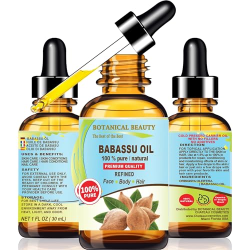 Botanical Beauty BABASSU OIL 100% Pure Natural REFINED Cold-Pressed Carrier Oil 1 Fl oz 30 ml for Face Skin Body Hair Lip Nails. Rich in Vitamin E Vitamin C