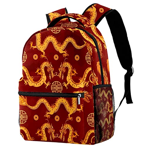 Sac à dos de voyage avec porte-bouteille imprimé dragons chinois doré pour le campus