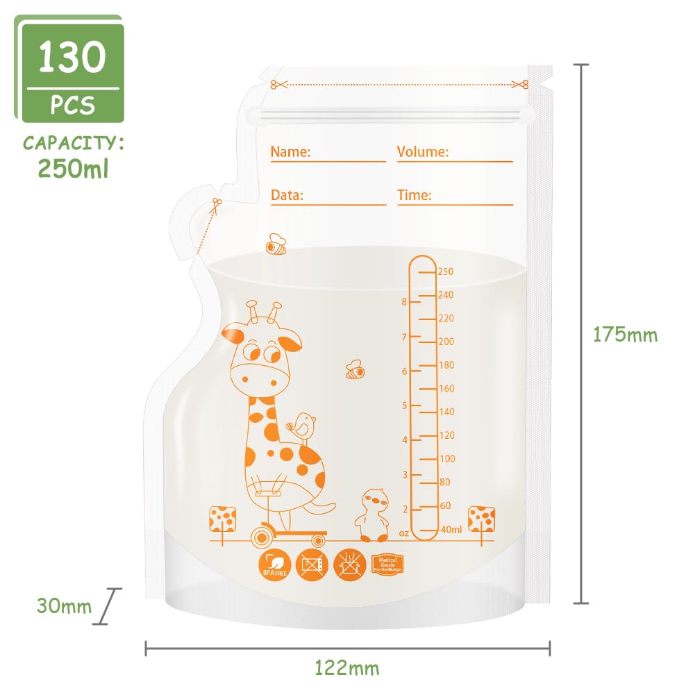 Aolso Sachet Conservation Lait Maternelle 250ML, 130PC Sac de stockage de lait maternel, Double Fermeture Étanche, Sac Lait Maternel Congelation, Sac Conservation Lait Maternel, vec Zone d'Écriture