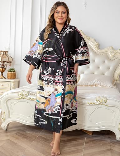 Image of Women's Floral Long Satin Robes Plus Size Long Silk Robes Peacock Floral Kimonos Sleepwear Dressing Gown