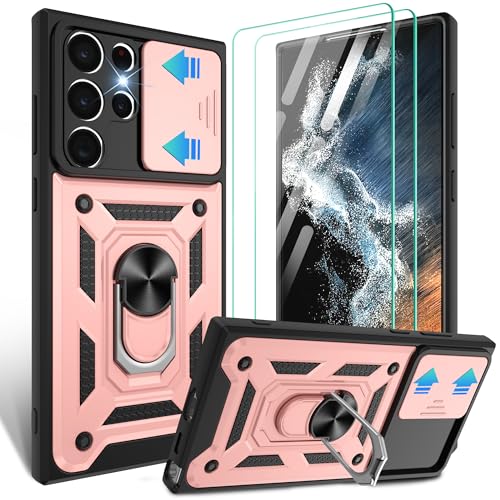 Gritup for Samsung Galaxy-S22-Ultra Case with Slide Camera Cover & [HD Screen Protector×2],360°Rotation Ring Kickstand [Military Grade],Rose Gold