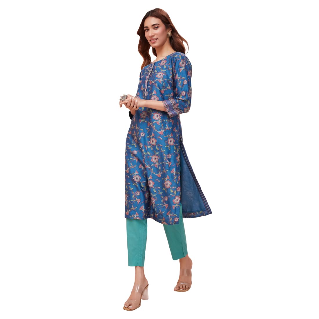Fabindia Women's Cotton Silk Printed Slim Kurta (1037306Cobalt_Cobalt