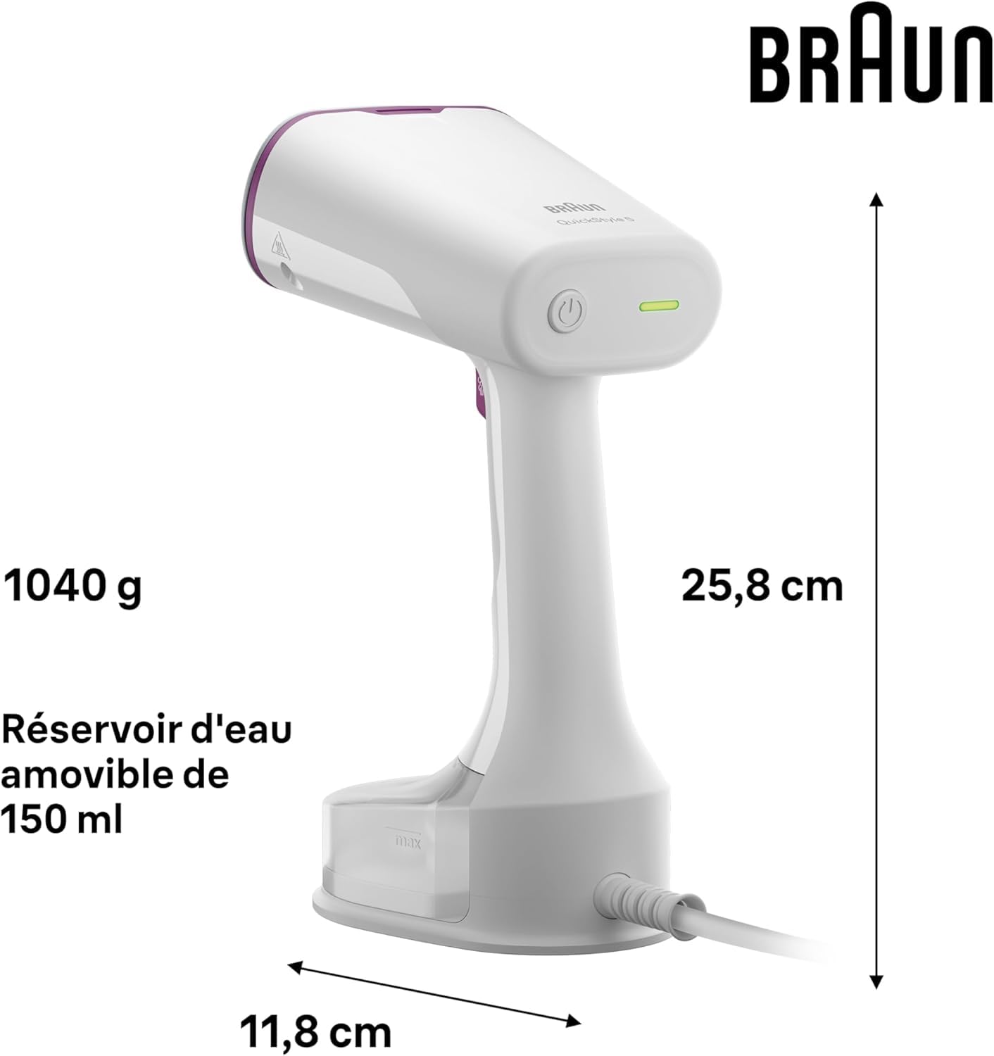 Braun QuickStyle 5 GS5011PU, Tireur Vertical avec Première Plaque au Monde avec Technologie Dual FreeGlide 3D, Chauffage Rapide, Vapeur 22 g/min, Capacité Réservoir 150 ml, 1200 W, Blanc/Violet