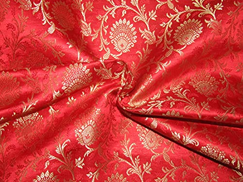 Brocart de soie BRO755 rouge et fil d'or métallisé d'exception en 111cm