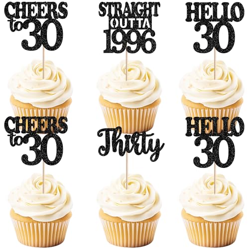 36Pcs Black Glitter 30th Birthday Cupcake Toppers