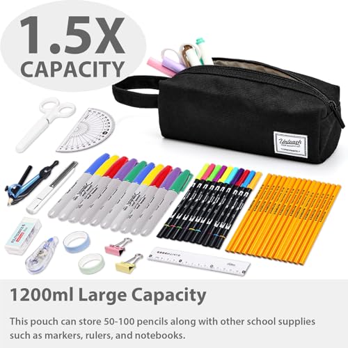 Image of SPACEMATE Pencil Case Pouch Box Bag School Supplies Girls Boys Kids, Cute Preppy Stuff Large Big Capacity Aesthetic Canvas Pen Organizer, Back to College Stationary, Black, Simple Style, 1200ml