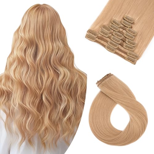 Image of Benehair Clip-in Hair Extensions - Real Human Hair, Double Weft, 8pcs, 18inch Remy, Soft Silky Straight, Natural, Strawberry Blonde
